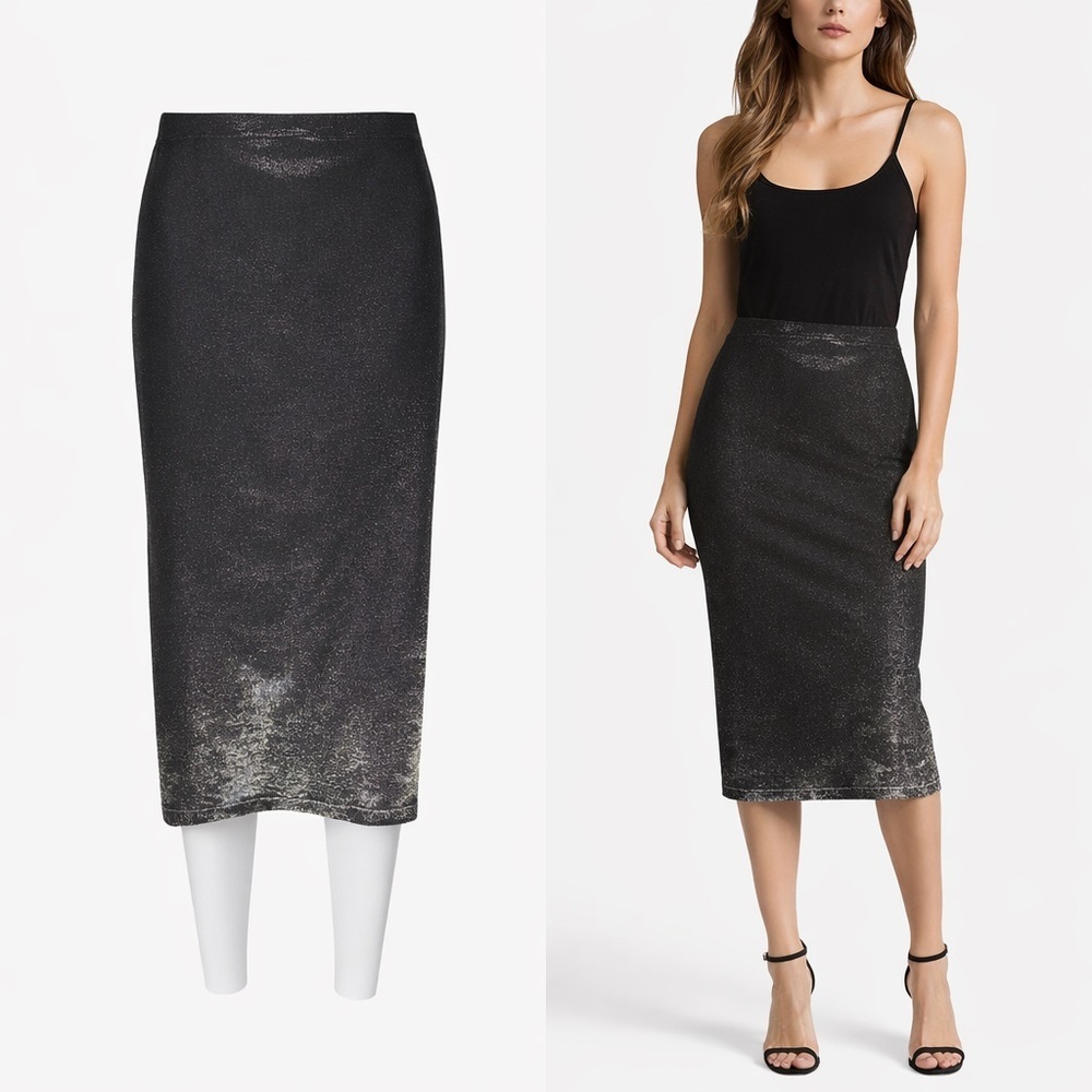 Wolford Black Metallic Shimmer Pencil Skirt L Stretch Bodycon Luxury